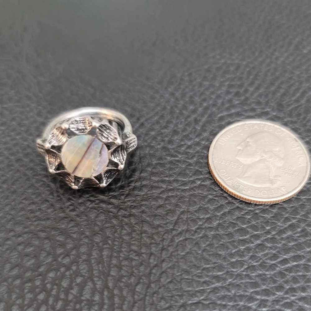 Irridescent Shell & Silvertone Ring, Antique Inspired - Size 7